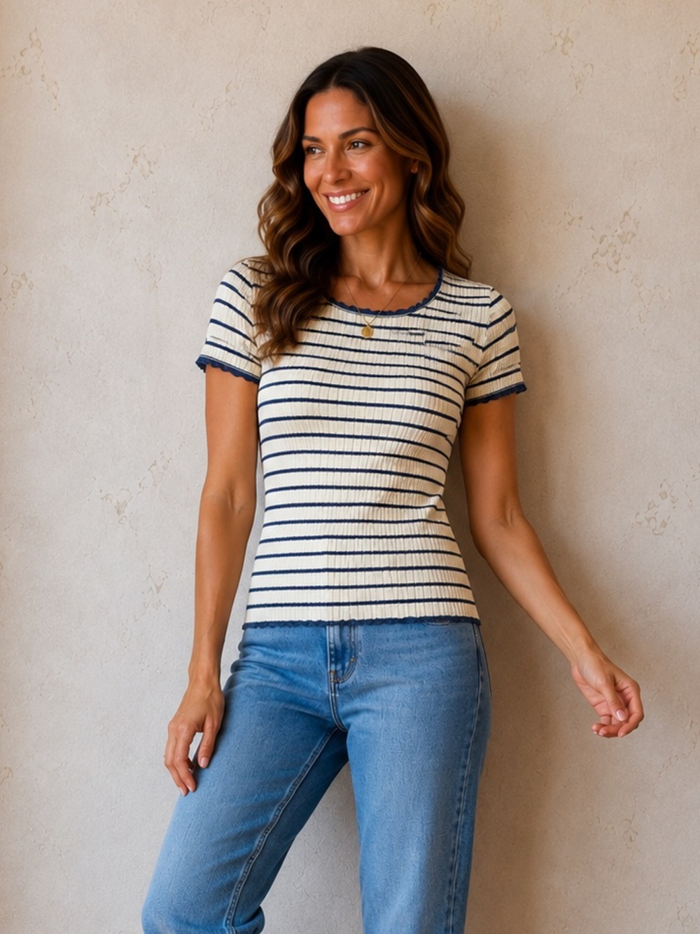 J.Crew Striped Pointelle Lace Trim Scoop Neck Tee Medium